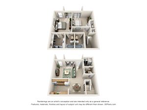 Charming 3D floor plan showcasing 2 bedrooms, a stylish living room, modern kitchen, and 2 bathrooms, ideal for comfortable living.