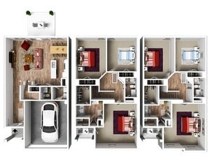 Elegant floor plan featuring three bedrooms, a cozy open-concept living room, modern kitchen, and an attached garage.