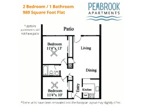 2x1 flat 980 square feet