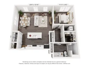 Modern 3D floor plan featuring a cozy 1-bedroom apartment with an open-concept living and dining area, spacious kitchen island, and elegant bathroom design.