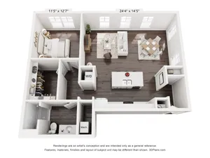 Chic 3D apartment floor plan showcasing a spacious open-concept living and dining area, modern kitchen island, cozy bedroom, and well-designed bathroom.