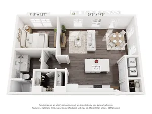 Modern 3D floor plan featuring a cozy bedroom, spacious living area with natural light, stylish kitchen with island, and elegant dining space.