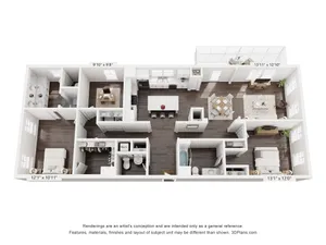 Contemporary 3D floor plan featuring two bedrooms, two bathrooms, an open-plan living and dining area, spacious kitchen, and private balcony.
