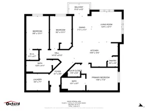 Bright and spacious floor plan featuring two bedrooms, a primary suite with walk-in closet, open kitchen and dining area, cozy living room, and inviting balcony.