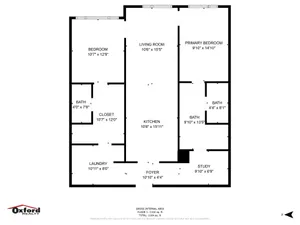 Oxford Realty 2D floor plan showcasing a modern layout with 3 bedrooms, a spacious living room, large kitchen, study area, and ample closet space.