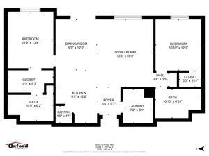 Spacious floor plan featuring 2 bedrooms, an expansive living room, dining room, and a modern kitchen, complete with pantry and laundry area.