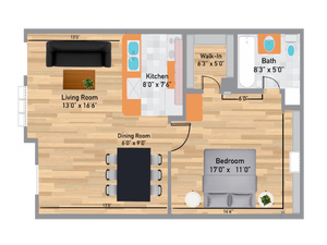 The Oak 1 Bedroom/1 Bath Floor Plan 630 Square Feet