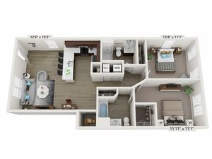 Greystone II - 2 Bedroom Floor Plan Birdseye Layout Image | LC Brier Creek Apartments & Townhomes in Durham - Raleigh NC