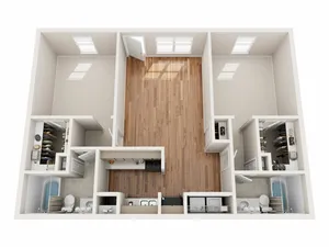 Elegant 3D floor plan with two bedrooms, a central living area, two bathrooms, and modern kitchen design.