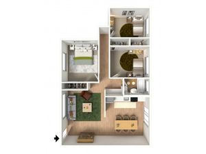 3D floorplan of three-bedroom, one-bathroom unit with furniture