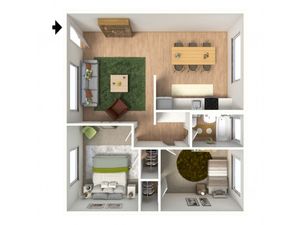 3D floorplan of two-bedroom, one-bathroom with furniture