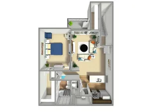 3D floor plan featuring a spacious bedroom, cozy living area, modern kitchen, and bathroom.