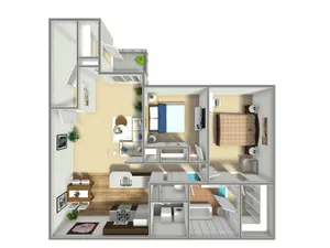 Stylish floor plan featuring two bedrooms, an open living area, modern kitchen, and bathroom.