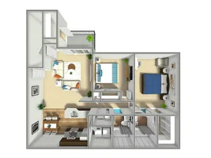 3D floor plan featuring 3 bedrooms, open living room, and modern kitchen.