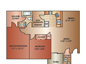 Modern \'Sierra\' floor plan with 2 bedrooms, 1.25 baths, and 1180 sq ft, featuring open living and dining areas, a spacious kitchen, and a serene patio.