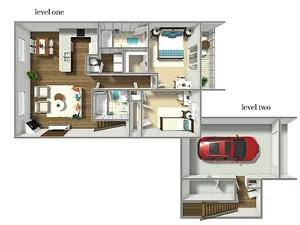 Elegant 3D floor plan depicting a contemporary duplex with two bedrooms, an open living area, a modern kitchen, and a garage.