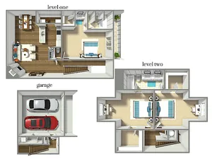 Detailed 3D floor plan of a duplex with garage, featuring three bedrooms, open living area, and modern amenities.