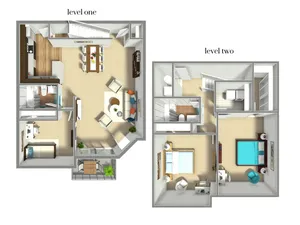 Chic two-level floor plan showcasing an inviting open-concept living area, modern kitchen, and three cozy bedrooms.