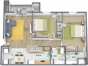 3D floor plan featuring a master bedroom, additional bedroom, spacious living room, and modern kitchen with dining area.