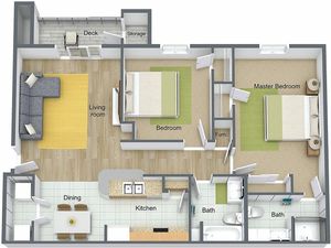 3D floor plan showcasing a modern layout with 2 bedrooms, open kitchen, and living area with deck access.