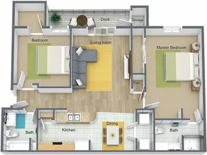 Bright 3D floor plan featuring 2 bedrooms, an airy living room, kitchen, and dining area with a private deck.