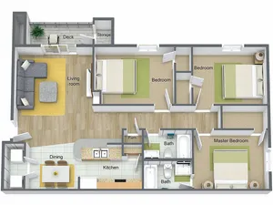 3D floor plan of a spacious apartment with 3 bedrooms, open living room, kitchen, dining area, and cozy deck.