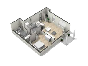Modern 3D floor plan featuring a cozy bedroom, sleek kitchen, stylish living area, and contemporary bathroom layout with balcony view.