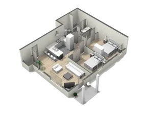 Modern 3D floor plan showcasing 2 bedrooms, a sleek open-concept kitchen, and a cozy living area with elegant furnishings.