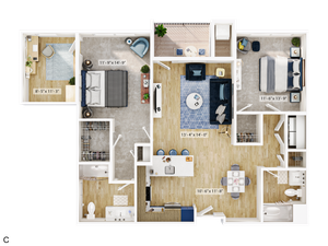 Modern 2D floor plan featuring 2 spacious bedrooms, an open-concept living and dining area, and a home office, complete with two bathrooms and a stylish kitchen.