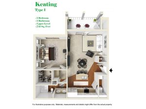 Kelly Reserve Apartments Overland Park Kansas 3D Floor Plan of Keating 1 Plan