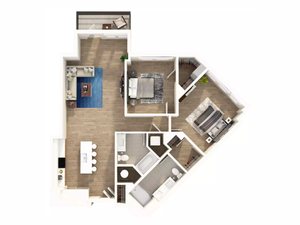 Modern 2D floor plan showcasing a bright two-bedroom apartment with an open-concept living area, sleek kitchen, and two stylish bathrooms.