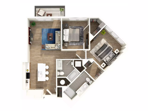 Contemporary floor plan featuring 2 bedrooms, open-concept kitchen and living area, with modern bathrooms and outdoor balcony space.