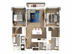 Contemporary floor plan featuring 2 bedrooms, luxurious living room, modern kitchen, and 2 sleek bathrooms.