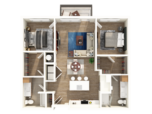 Modern 3D floor plan showcasing 2 bedrooms, open living space, and stylish kitchen with island seating.