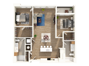 Bright and modern 2D floor plan showcasing 2 spacious bedrooms, an open-concept living and dining area, stylish kitchen with island, and two well-appointed bathrooms.