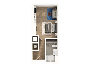 Chic floor plan showcasing a modern studio apartment with an open living area, cozy bed space, compact kitchen, and sleek bathroom.