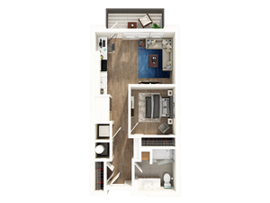 Modern 1-bedroom apartment floor plan featuring an open-concept living and dining area, sleek kitchen, and private balcony.