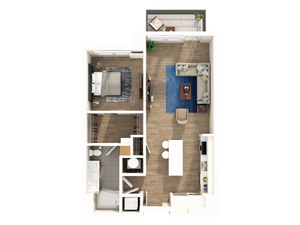 Modern one-bedroom apartment floor plan with spacious living room, open-concept kitchen with island, and private balcony.