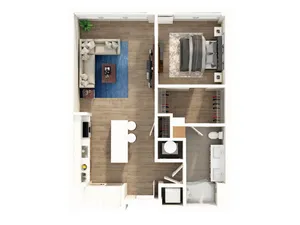Modern 3D floor plan highlighting one-bedroom, an elegant open-concept living room, and a sleek kitchen with island seating.