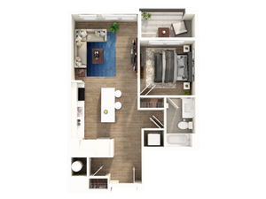 Modern open-concept apartment layout featuring a spacious living area with L-shaped sofa, sleek kitchen with island, cozy bedroom, and stylish bathroom.