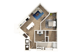 Modern 2D floor plan with one spacious bedroom, a stylish open-concept living area, and sleek kitchen design.
