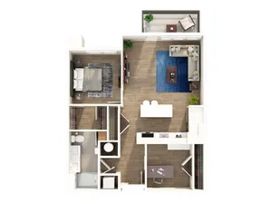 Modern floor plan featuring a cozy 1-bedroom apartment with an open-concept living area, stylish kitchen, and chic balcony.