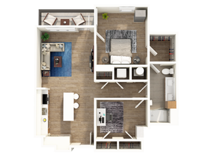 Modern 3D floor plan showcasing a cozy 1-bedroom apartment with open living and dining areas, stylish kitchen, and spacious bathroom.
