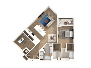 Modern apartment floor plan featuring one spacious bedroom, open-concept living room, sleek kitchen, and contemporary dining area with hardwood flooring.