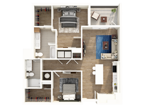 Modern 2D floor plan showcasing 2 bedrooms, open kitchen with breakfast bar, spacious living area, and private balcony.