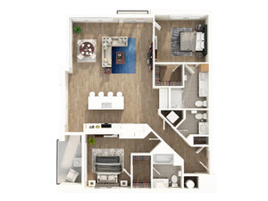 Modern floor plan featuring two stylish bedrooms, open-concept living area with a sleek kitchen island, and two contemporary bathrooms.