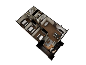 3D floor plan of a modern apartment featuring three bedrooms, a sleek kitchen, and a cozy living area.
