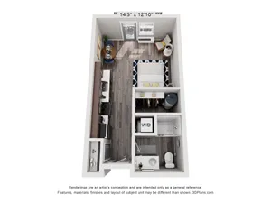 Modern studio apartment floor plan with open-concept layout, featuring a cozy living area, sleek kitchen, and integrated washer/dryer unit.