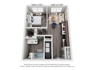 Cozy open-concept floor plan showcasing a 1-bedroom apartment with a chic living area, modern kitchen, and elegant bathroom.