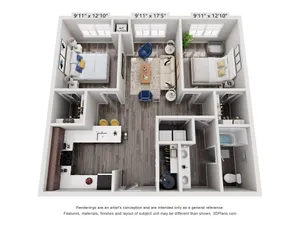 Chic 3D floor plan showcasing 2 bedrooms, a modern kitchen, and inviting living space, ideal for harmonious living.